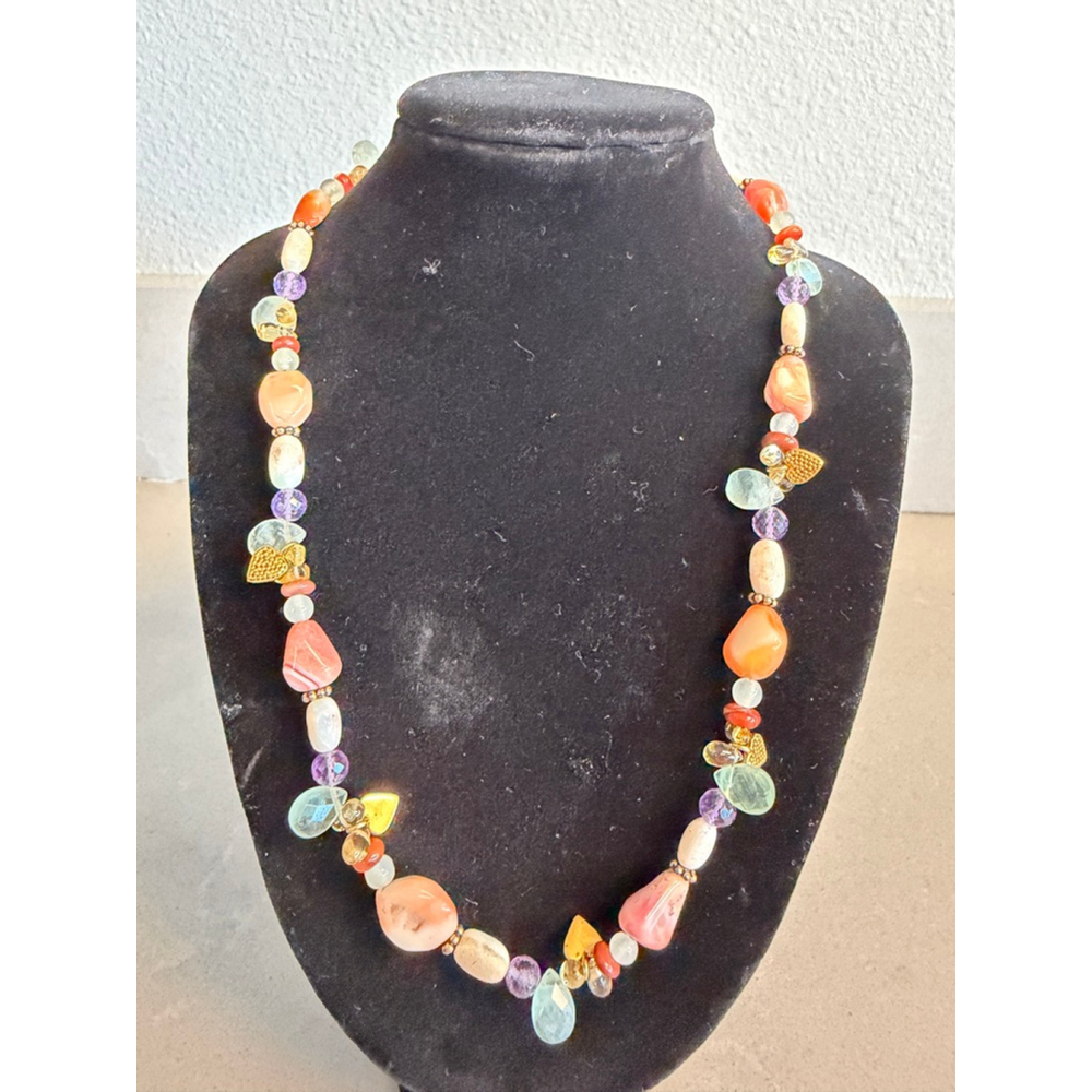 Handmade Mixed Gemstone Beaded Necklace Boho Artisan Peach Aqua Purple Toggle